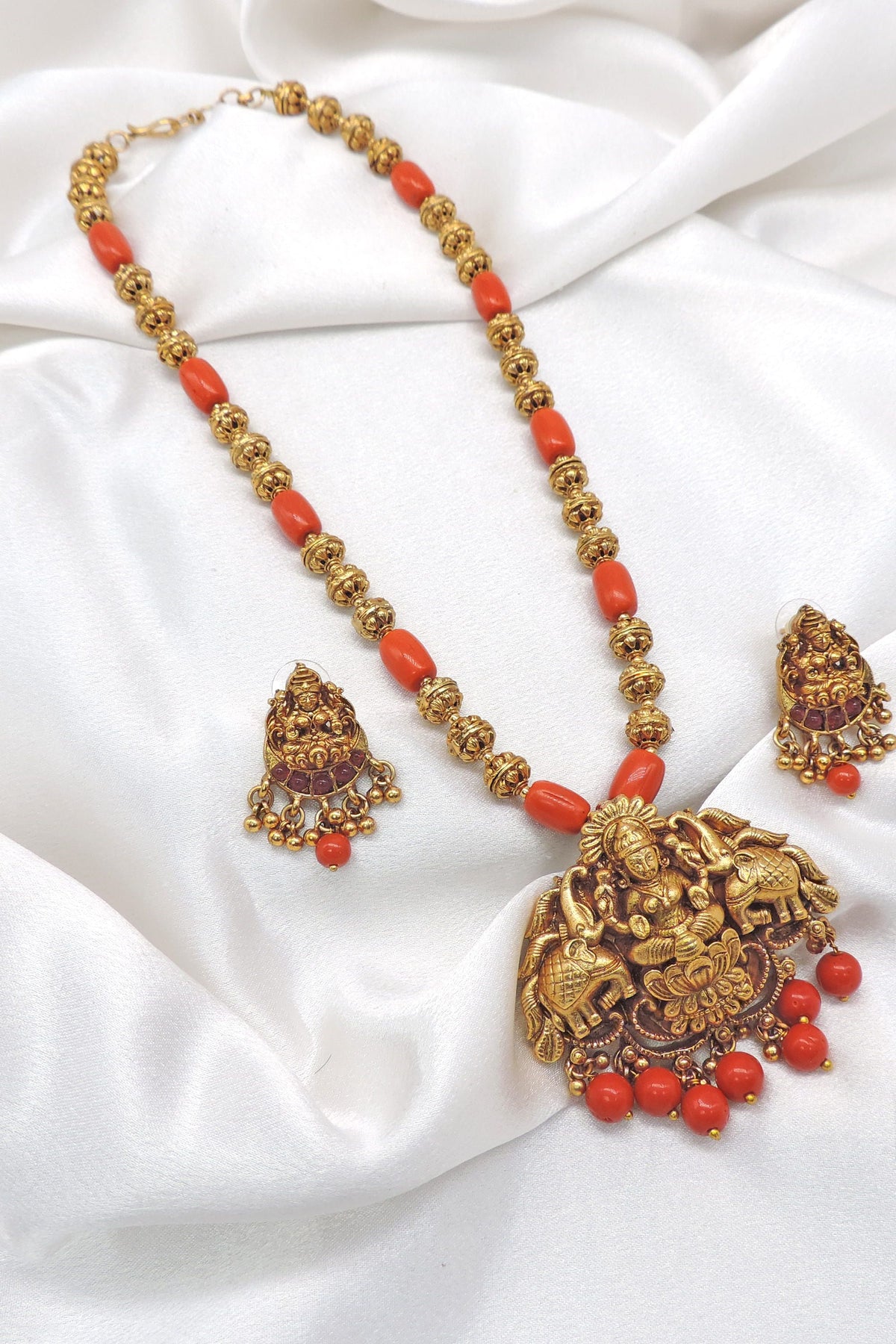 Temple Pendant Red Bead Jewelry Set by Joyrias