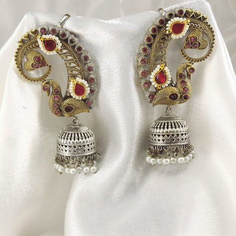 Peacock Dual Tone Ruby Cuff Jhumka Earrings by Joyrias