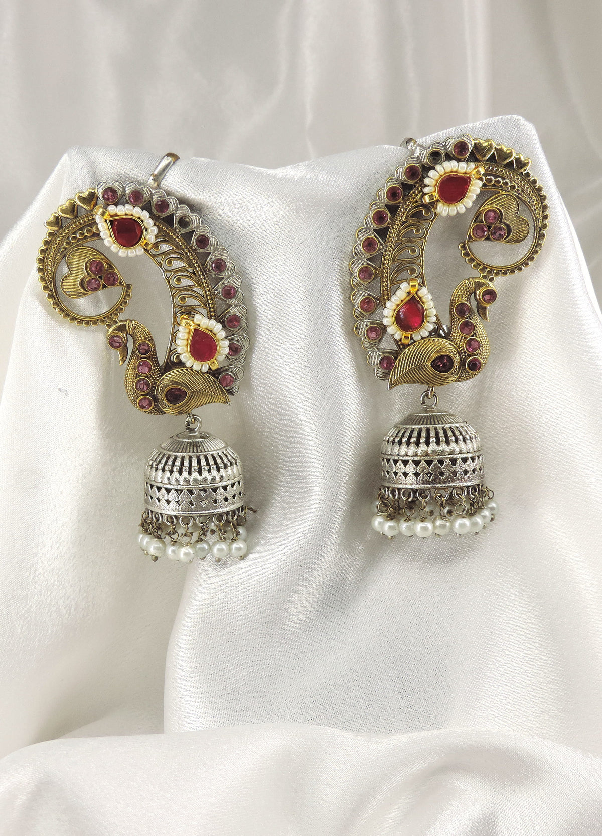 Peacock Dual Tone Ruby Cuff Jhumka Earrings by Joyrias