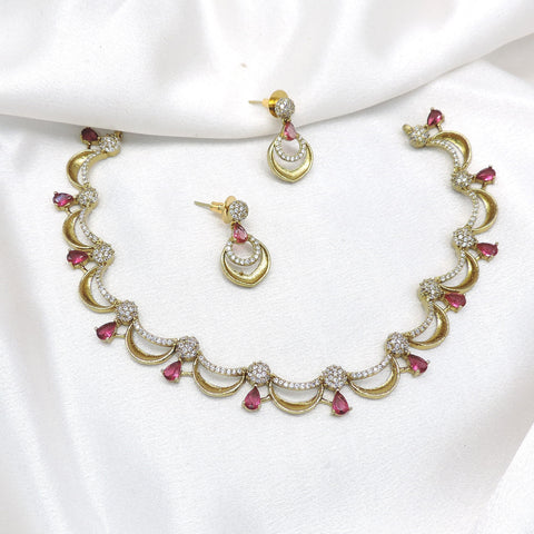Pink Crescent CZ Necklace Jewelry Set by Joyrias