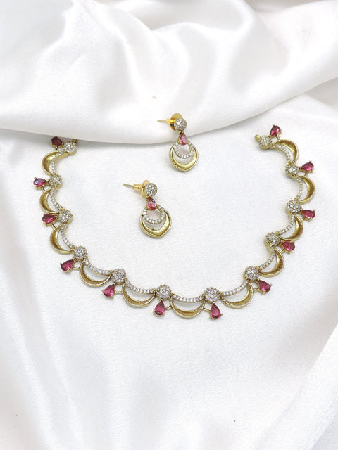Pink Crescent CZ Necklace Jewelry Set by Joyrias