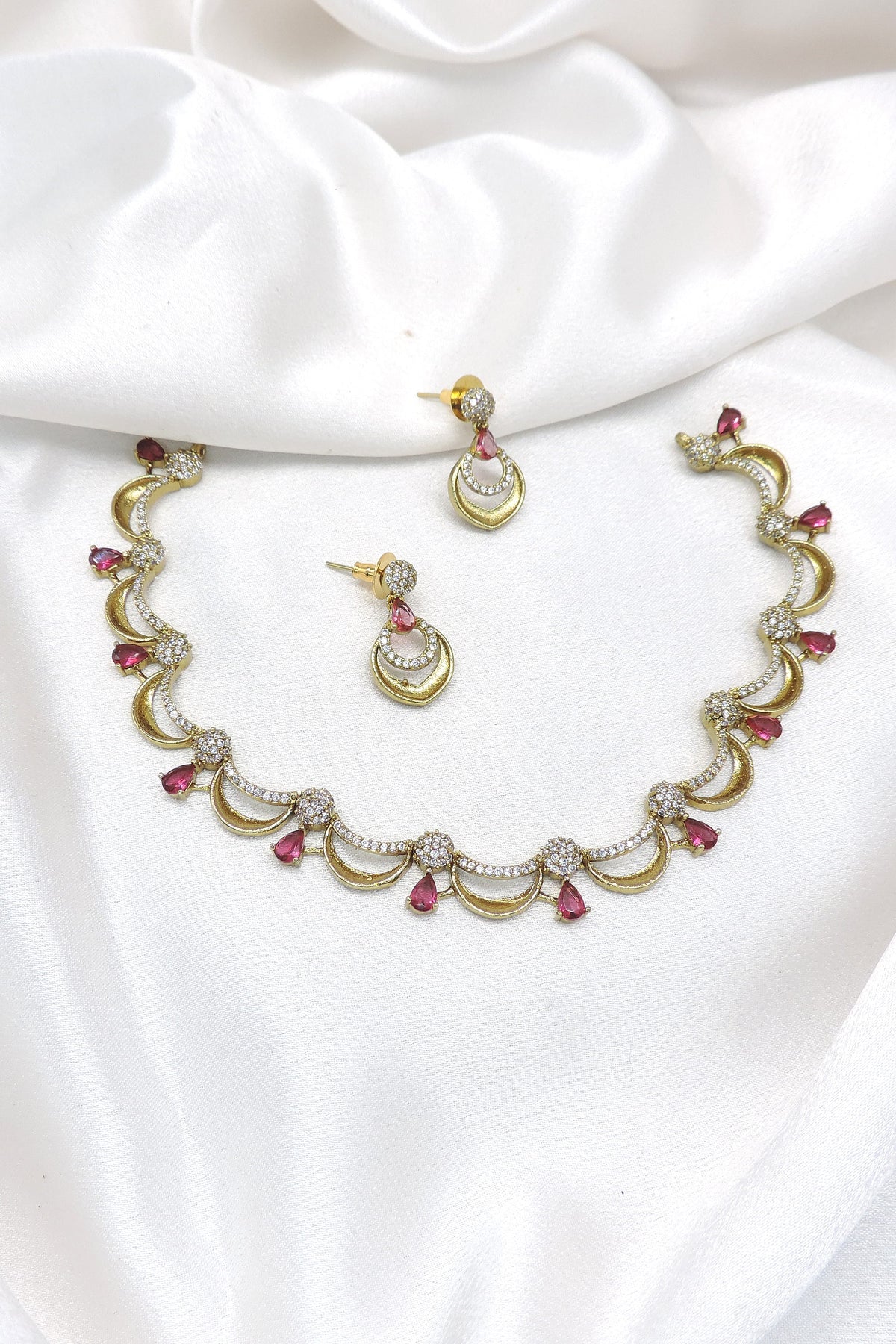Pink Crescent CZ Necklace Jewelry Set by Joyrias