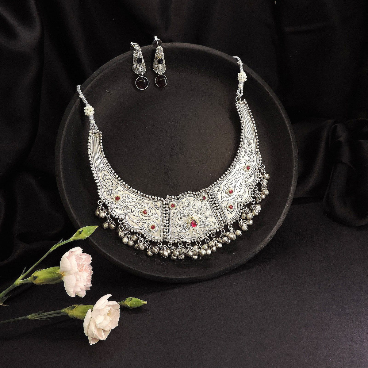 Oxidised statement choker necklace set with red stones and matching earrings