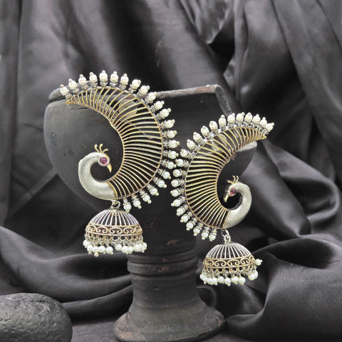 Peacock Oxidized Jhumka Earrings with Pearl Drops – Statement Ethnic Earrings