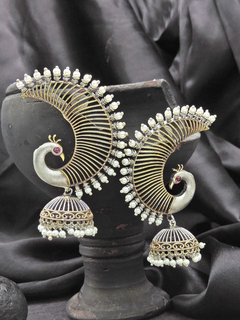 Peacock Oxidized Jhumka Earrings with Pearl Drops – Statement Ethnic Earrings