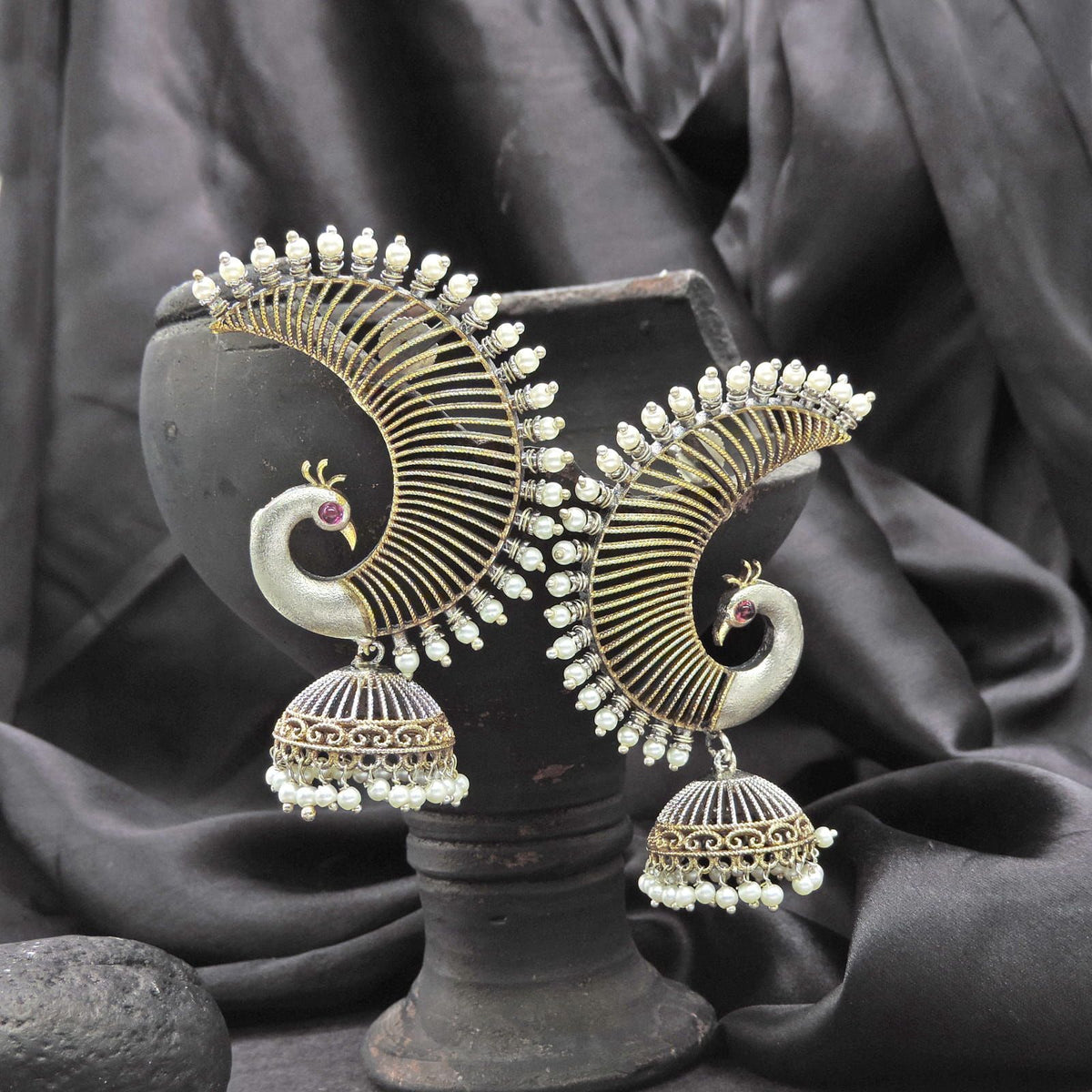 Peacock Oxidized Jhumka Earrings with Pearl Drops – Statement Ethnic Earrings