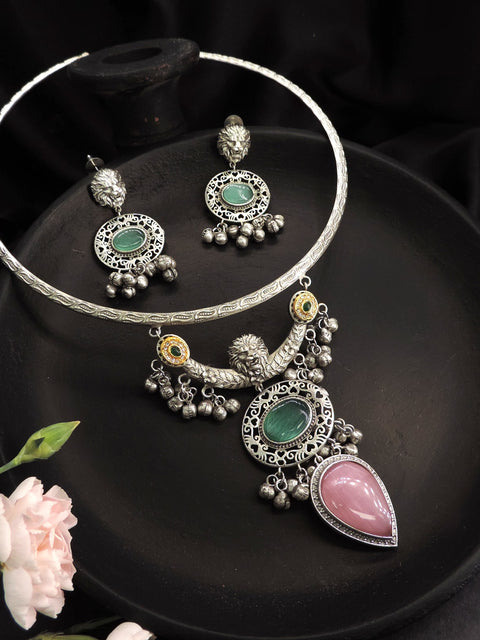 Oxidized Pink Stone Torque Necklace Set – Pearl Bell Detailing