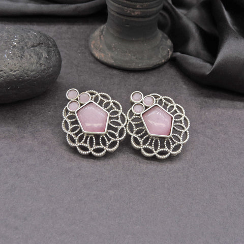 Pink Stone Oxidised Floral Stud Earrings