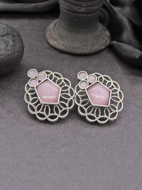 Pink Stone Oxidised Floral Stud Earrings