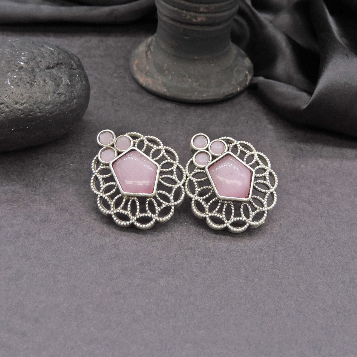 Pink Stone Oxidised Floral Stud Earrings