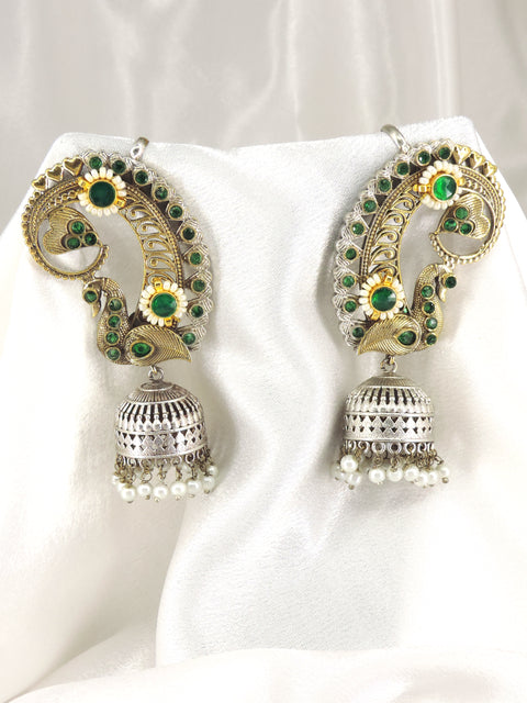 Peacock Dual Tone Ruby Cuff Jhumka Earrings