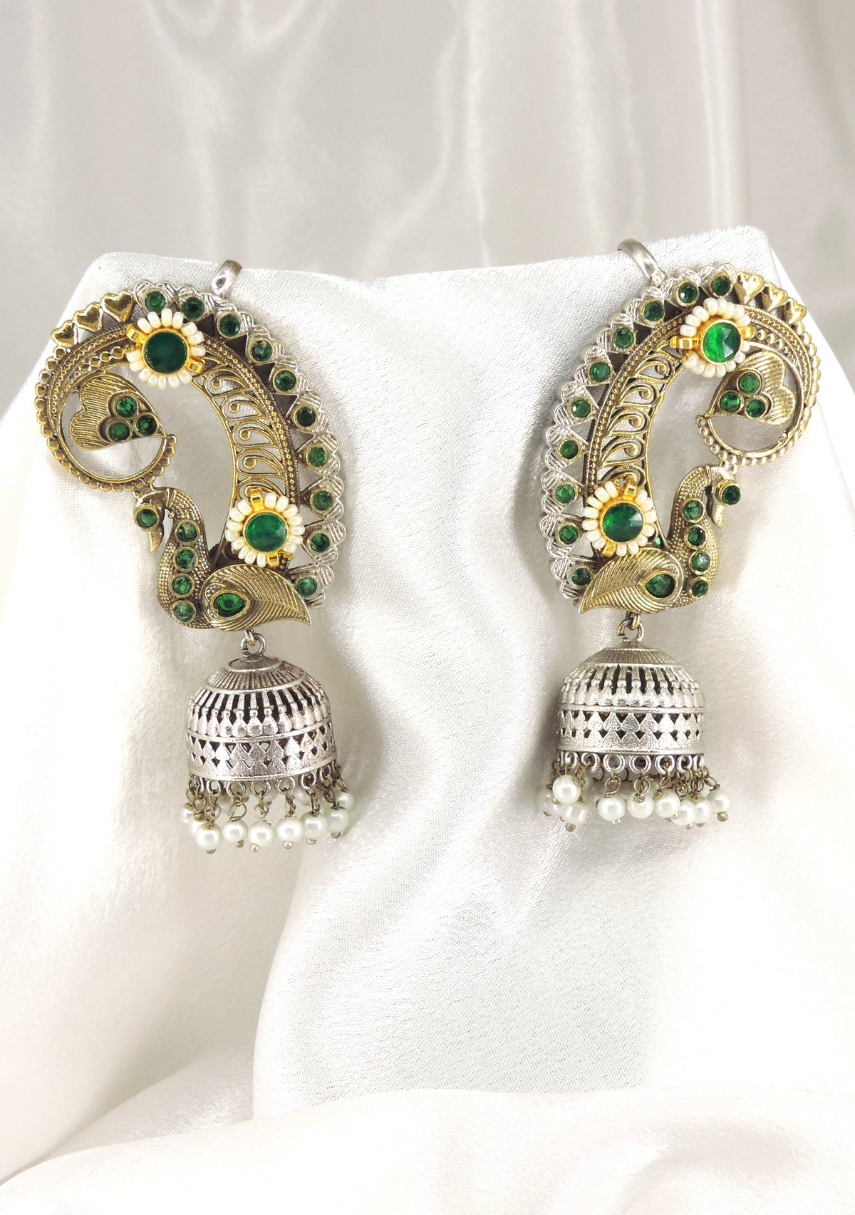 Peacock Dual Tone Ruby Cuff Jhumka Earrings