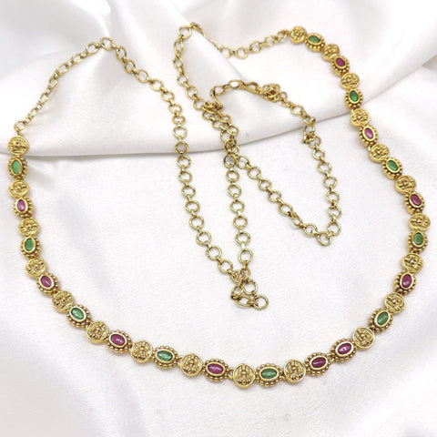 Ruby emerald temple necklace with deity motifs and gold-tone finish by joyrias