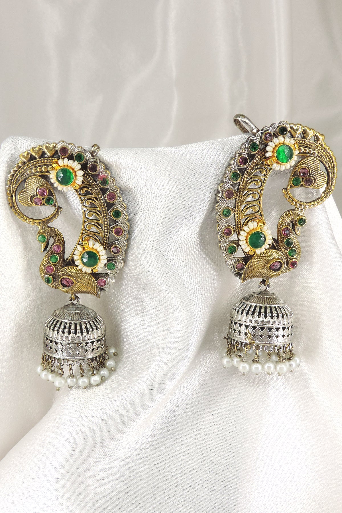 Peacock Dual Tone Ruby Cuff Jhumka Earrings