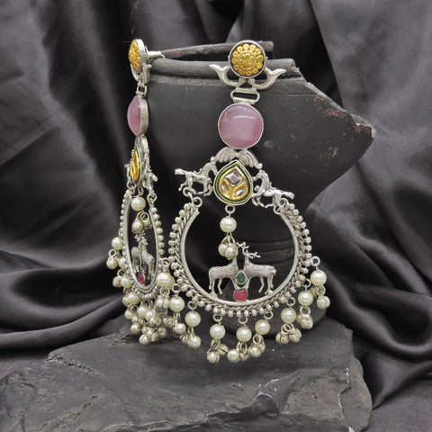 Deer Motif Oxidized Hoop Earrings with Pearl and Ghungroo Drops