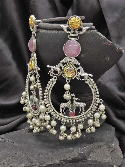 Deer Motif Oxidized Hoop Earrings with Pearl and Ghungroo Drops