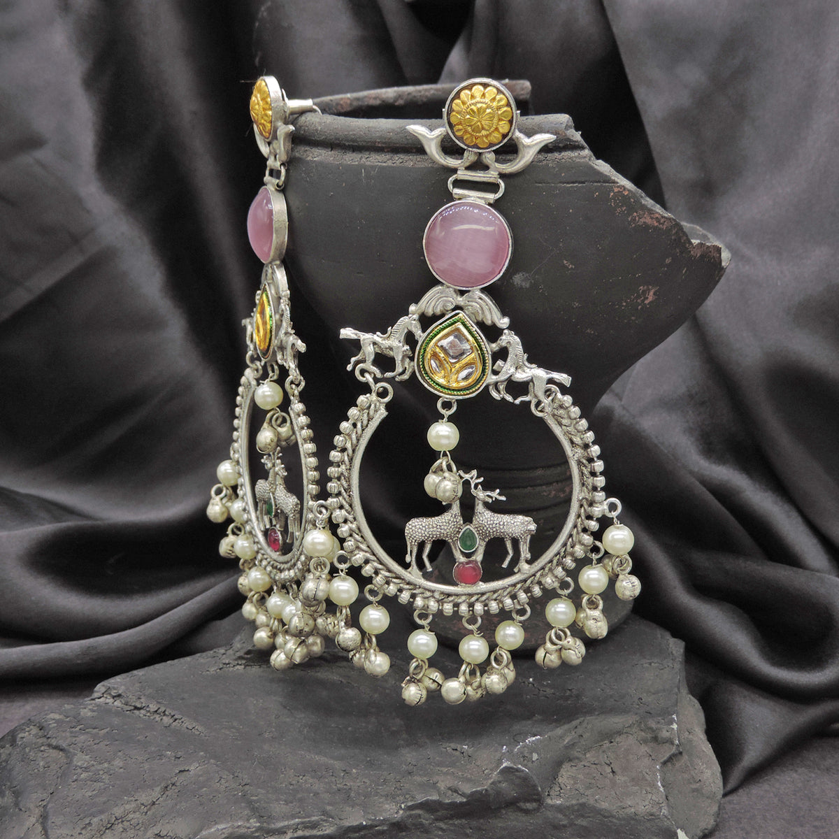 Deer Motif Oxidized Hoop Earrings with Pearl and Ghungroo Drops