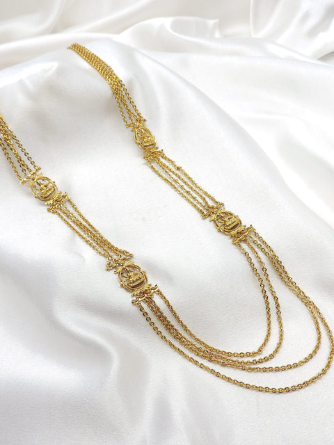 Gold-toned temple multi-layer long necklace with traditional motifs by joyrias