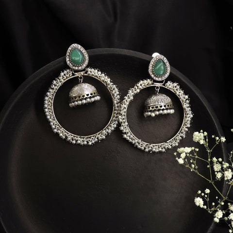 Green Stone Pearl Hoop Jhumka Earrings – Oxidized Silver Statement Earrings