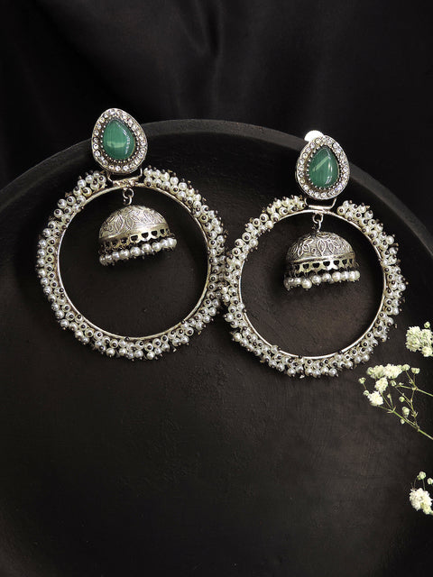 Green Stone Pearl Hoop Jhumka Earrings – Oxidized Silver Statement Earrings