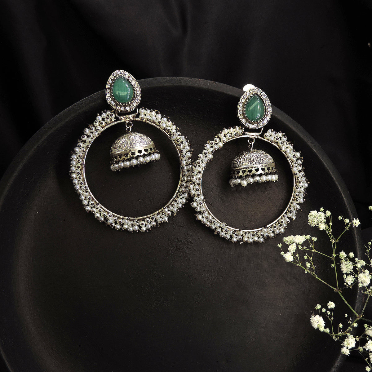 Green Stone Pearl Hoop Jhumka Earrings – Oxidized Silver Statement Earrings