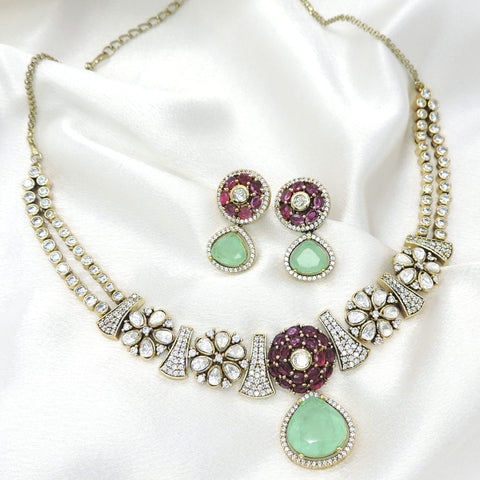 Mint & Purple Kundan Necklace Set by Joyrias