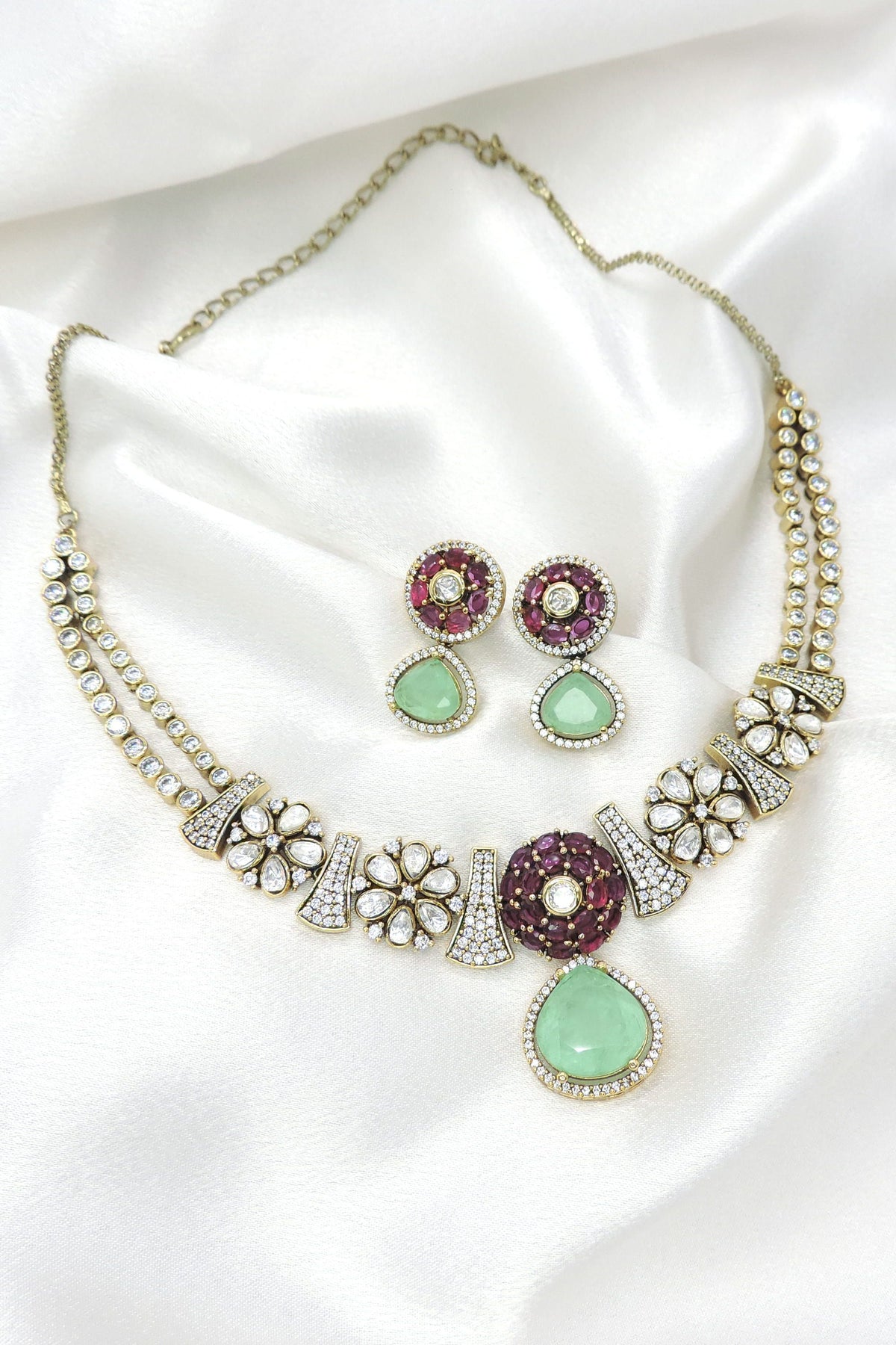 Mint & Purple Kundan Necklace Set by Joyrias