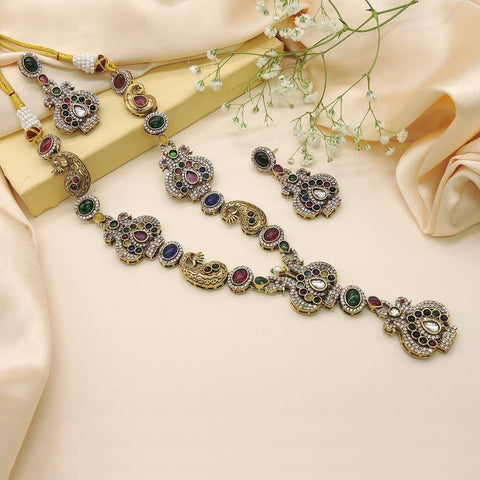 Antique gold plated temple long haram necklace set with earrings – South Indian jewelry USA – Joyrias