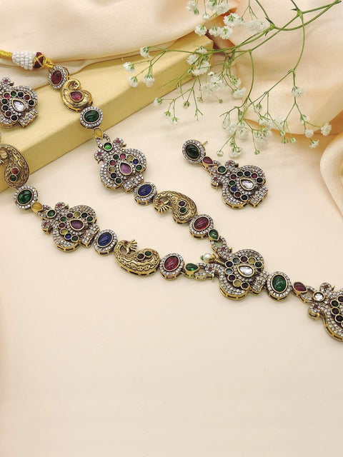Antique gold plated temple long haram necklace set with earrings – South Indian jewelry USA – Joyrias
