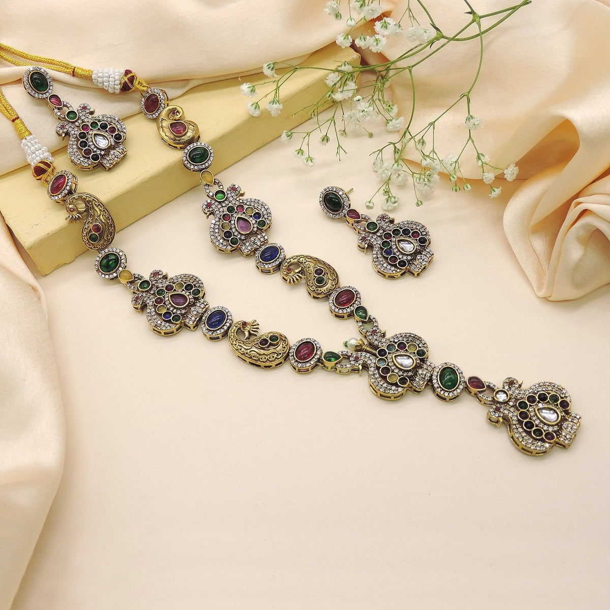 Antique gold plated temple long haram necklace set with earrings – South Indian jewelry USA – Joyrias