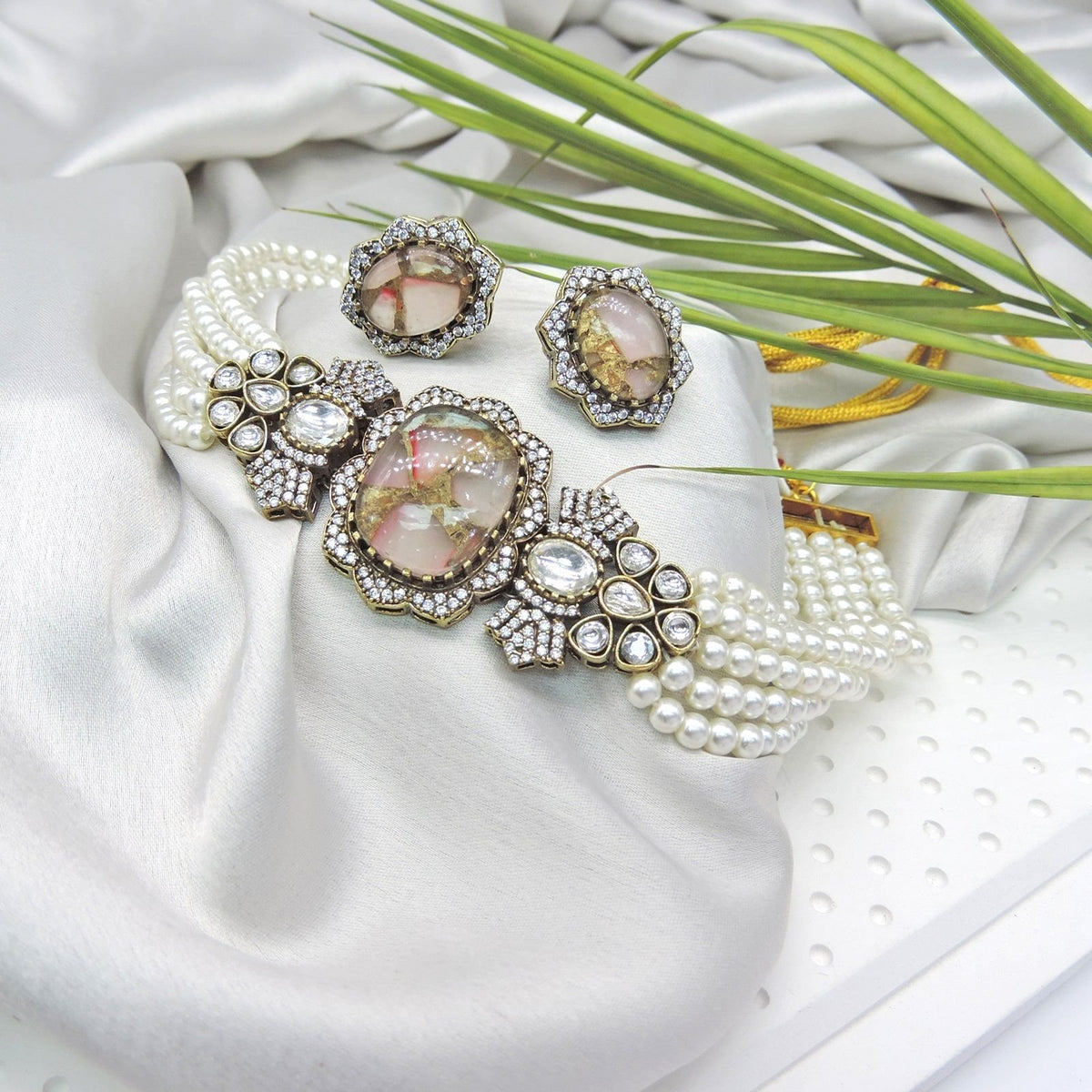 Fire Stone Kundan Choker Set with Multi-Strand Pearls & Matching Earrings Image 0