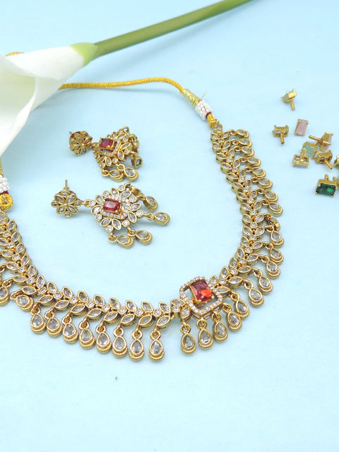 Gold plated necklace with interchangeable stone set – Indian multistone necklace USA – Joyrias