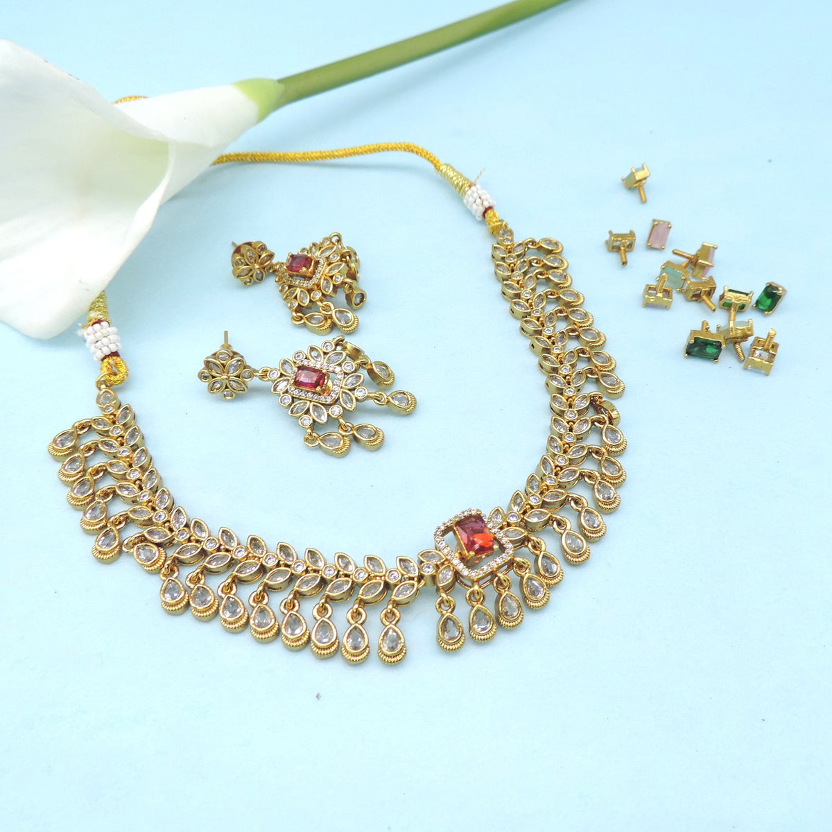 Gold plated necklace with interchangeable stone set – Indian multistone necklace USA – Joyrias