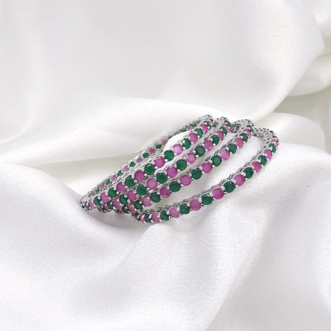 Ornate silver-toned pink green AD bangle set by joyrias