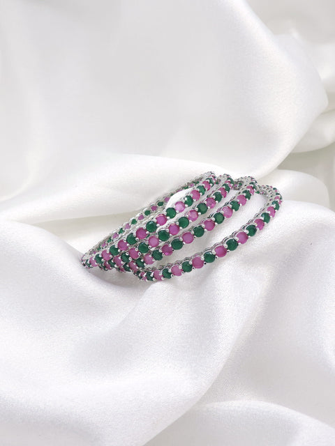 Ornate silver-toned pink green AD bangle set by joyrias