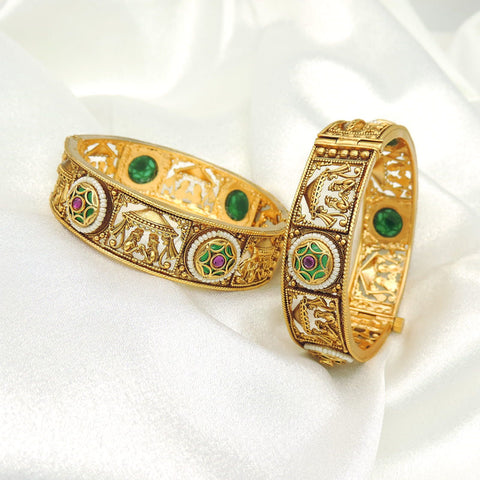 Heritage Style Gold Bangles with Green & Ruby Accents (Openable)