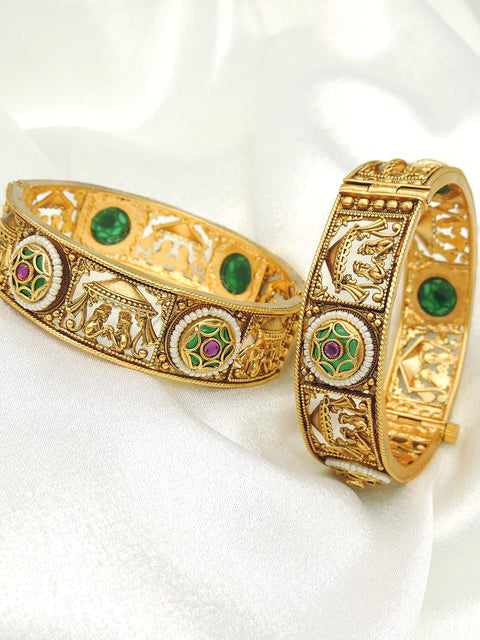 Heritage Style Gold Bangles with Green & Ruby Accents (Openable)