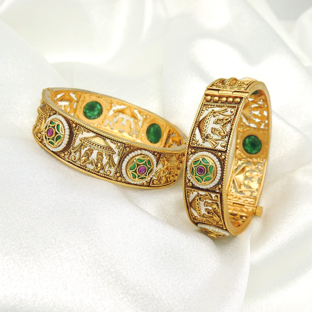 Heritage Style Gold Bangles with Green & Ruby Accents (Openable)
