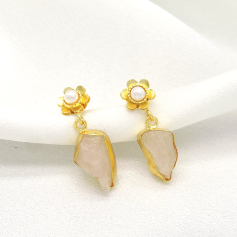 Floral Pearl & Raw Stone Drop Earrings | Gold-Plated Statement Earrings
