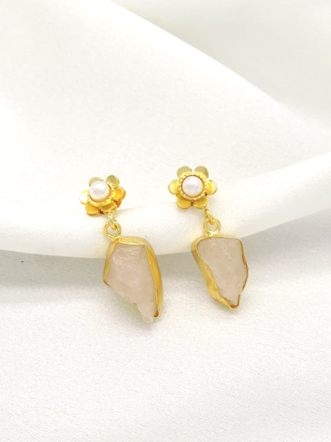 Floral Pearl & Raw Stone Drop Earrings | Gold-Plated Statement Earrings