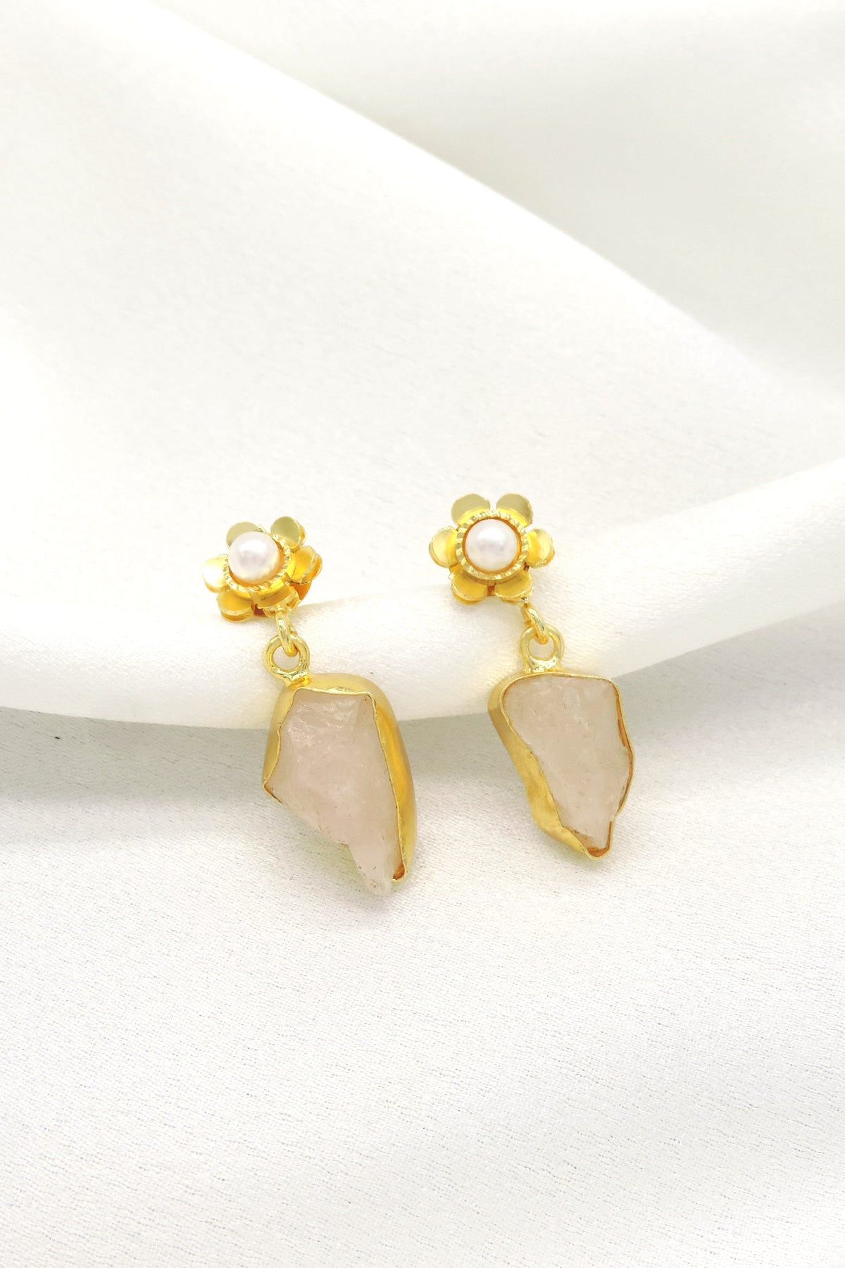 Floral Pearl & Raw Stone Drop Earrings | Gold-Plated Statement Earrings
