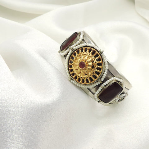 Oxidized Silver Maroon Stone & Pearl Statement Cuff Bracelet