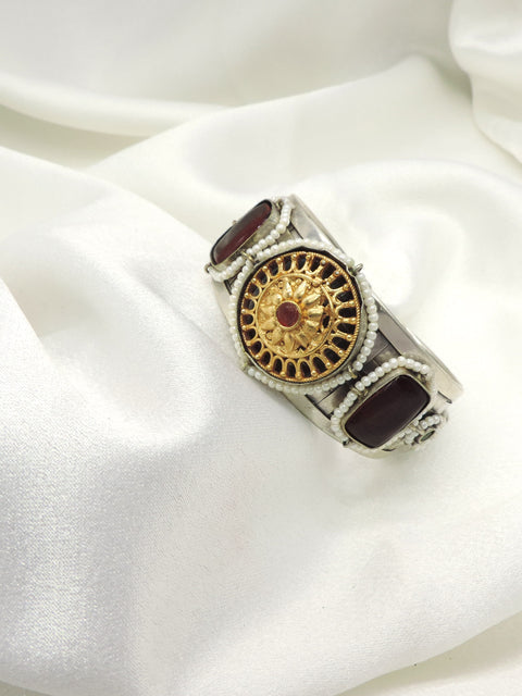 Oxidized Silver Maroon Stone & Pearl Statement Cuff Bracelet