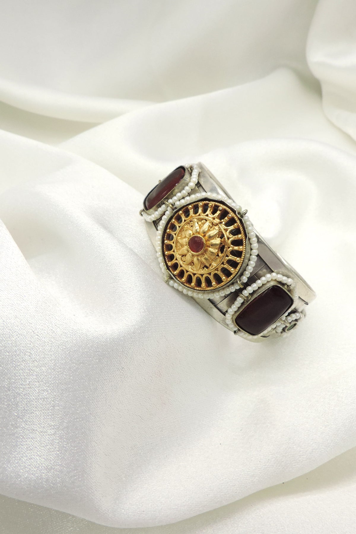 Oxidized Silver Maroon Stone & Pearl Statement Cuff Bracelet