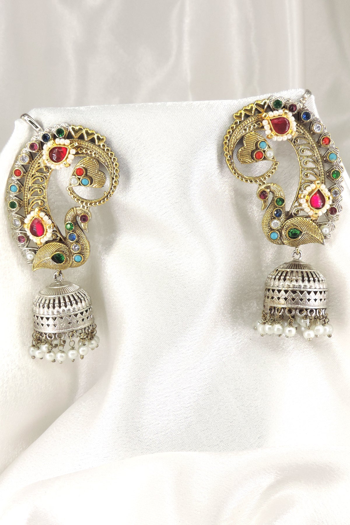 Peacock Dual Tone Ruby Cuff Jhumka Earrings