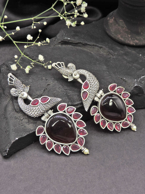 Green Stone Peacock Oxidized Statement Earrings