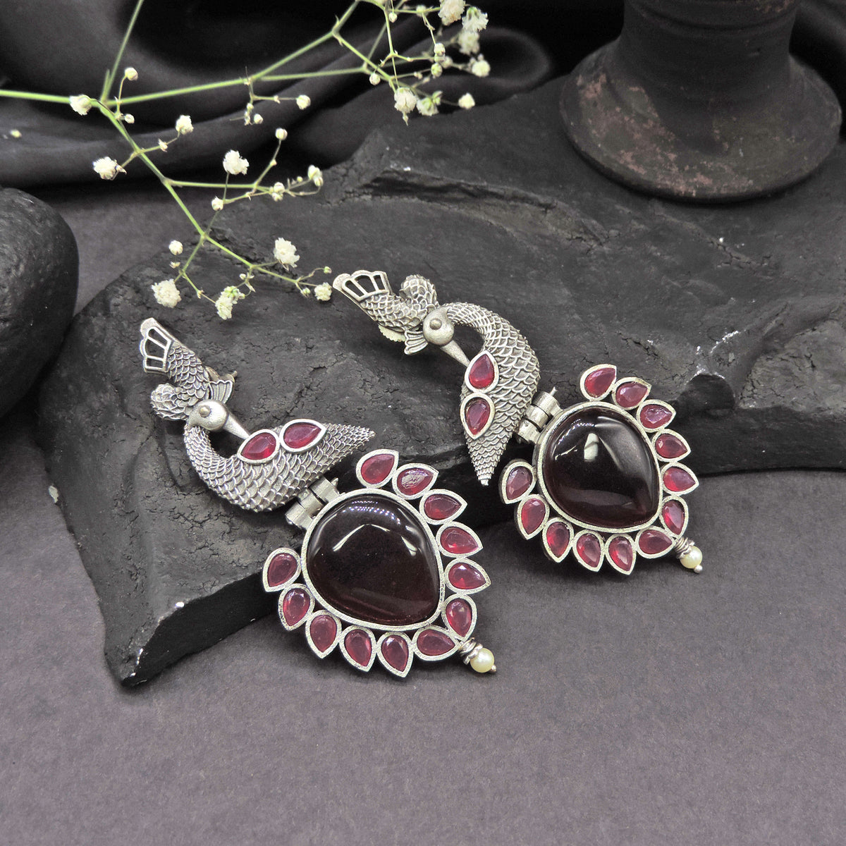 Green Stone Peacock Oxidized Statement Earrings