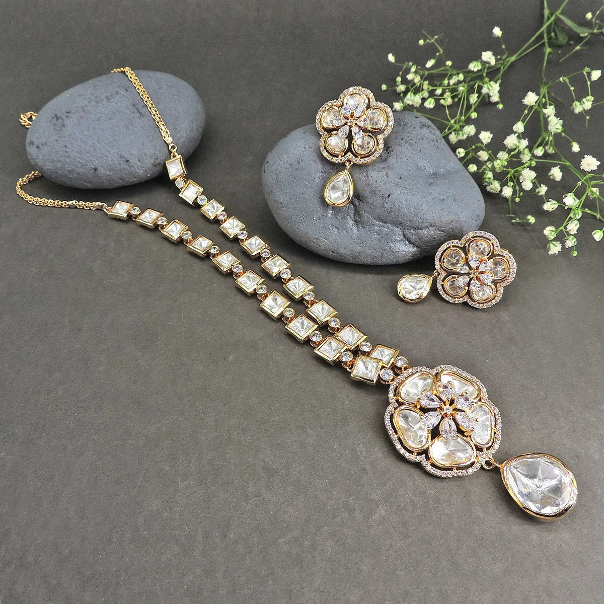 Long Moissanite Kundan necklace set – Indian Moissanite necklace for weddings USA – Joyrias
