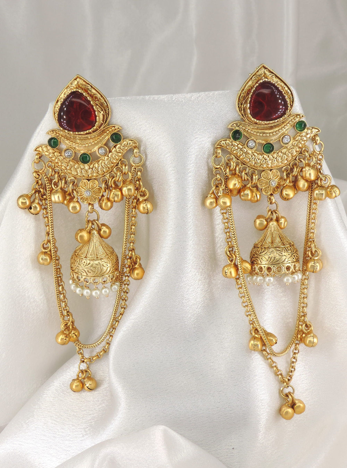 Kashmiri Ruby Gold Jhumka Earrings by Joyrias