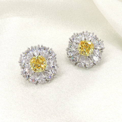 Canary yellow cushion AD CZ halo stud earrings by Joyrias